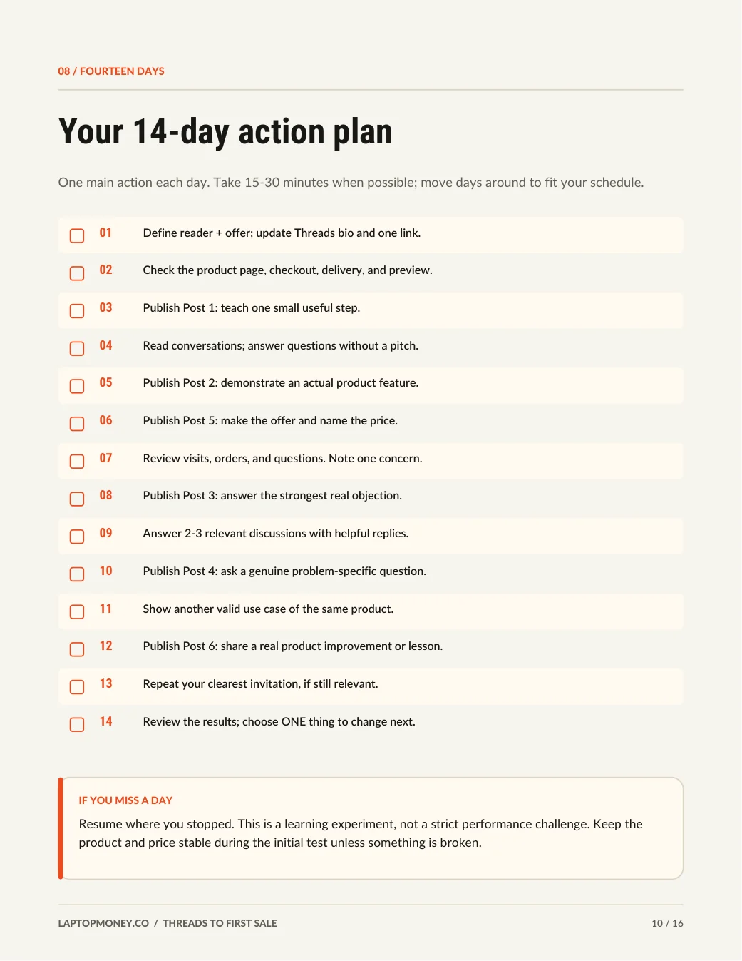 Actual PDF page with a 14-day daily action checklist