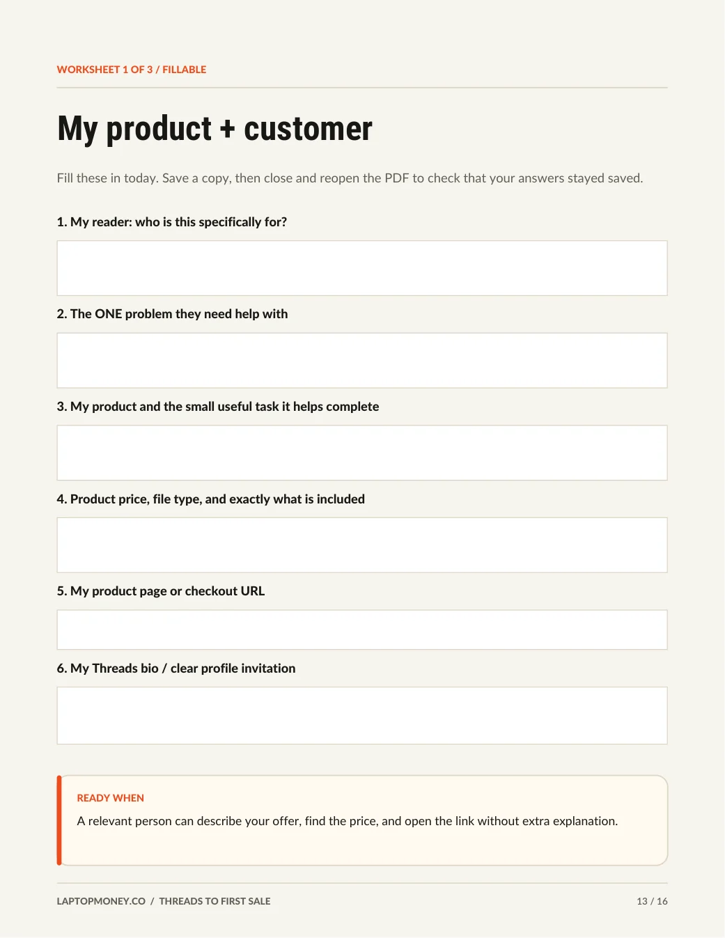 Actual fillable product and customer worksheet