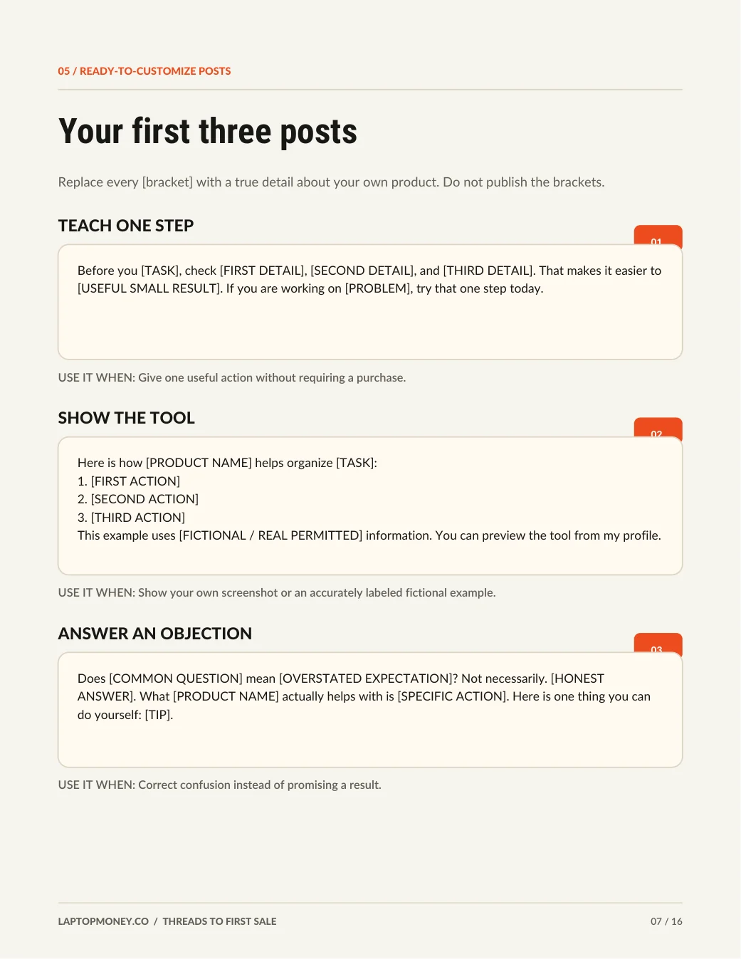 Actual PDF page with three customize-and-publish Threads drafts