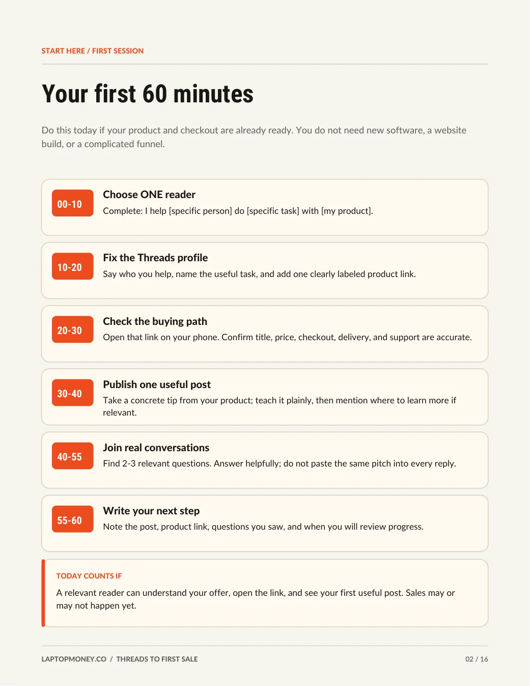 Actual page from the PDF showing the six 60-minute quick-start actions